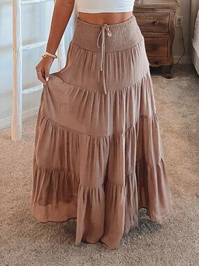 HYFV Taupe Ruched Smocked Waist Tiered Maxi lined Skirt Large Cottagecore Boho